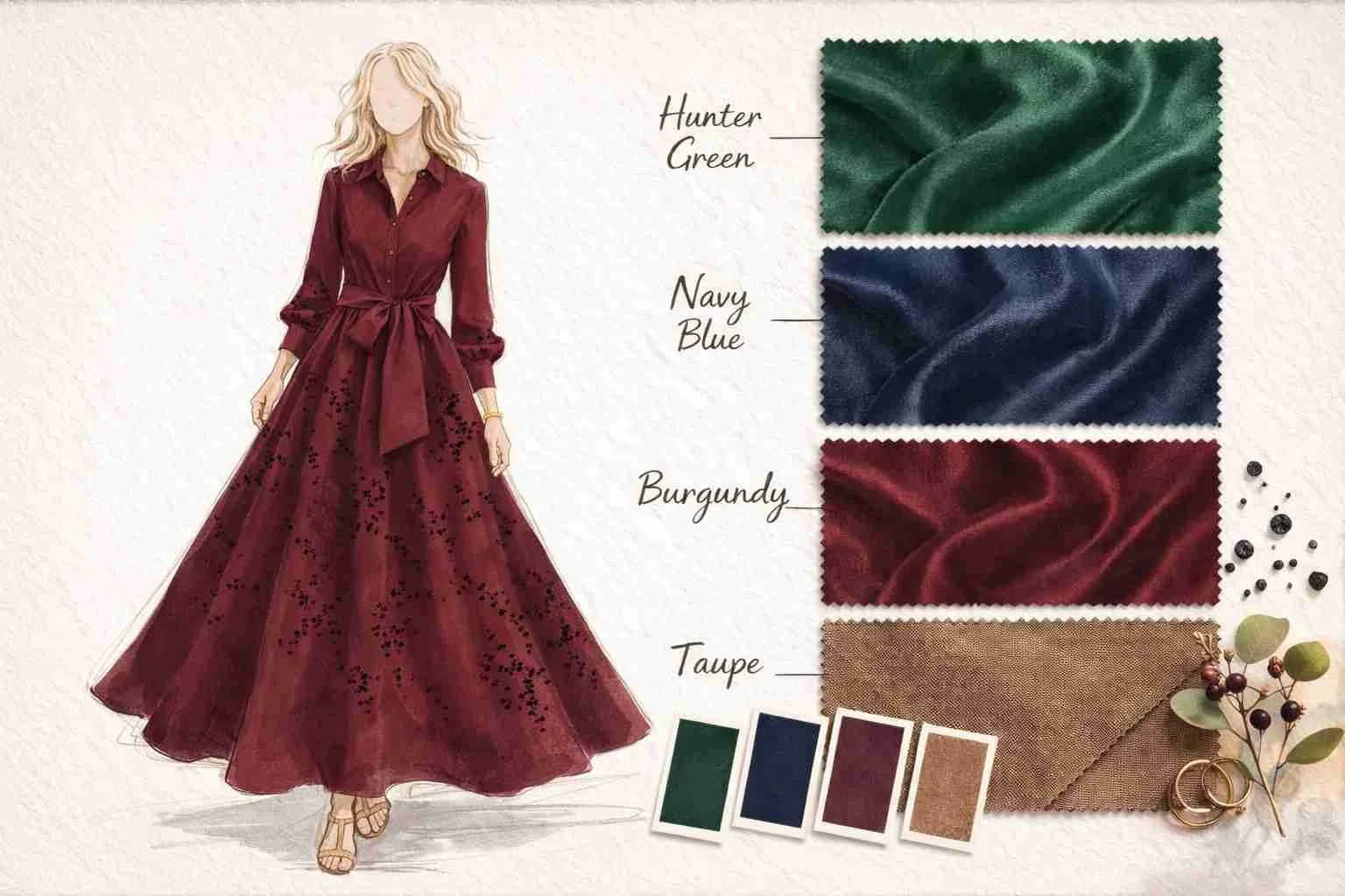 Fall mother of the bride dress color palette — jewel tones and burnished neutrals