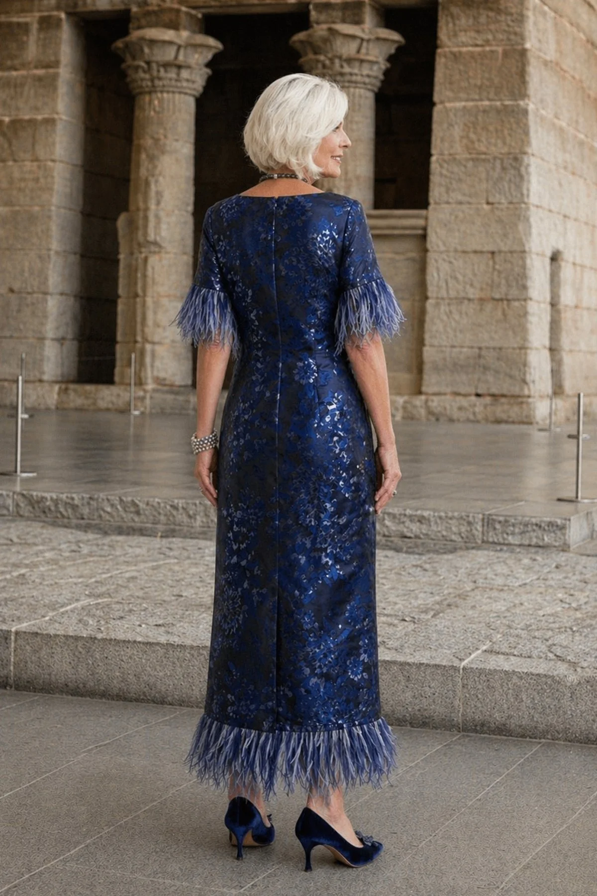 Style MD-5157 Nicki Dress in Italian Brocade with Ostrich Feathers-Back.jpg