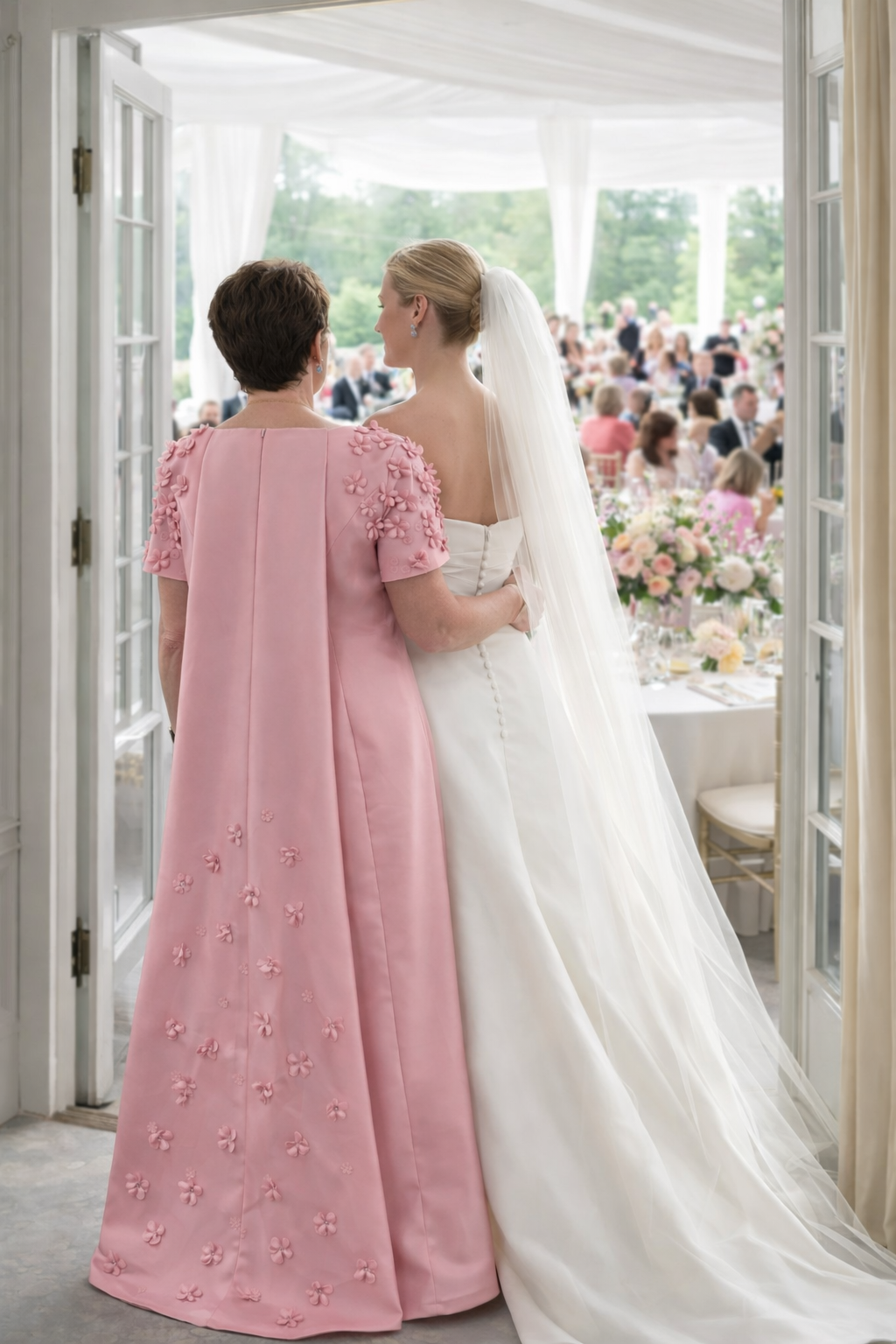 Mother of the bride pink dress with floral detail at outdoor spring wedding
