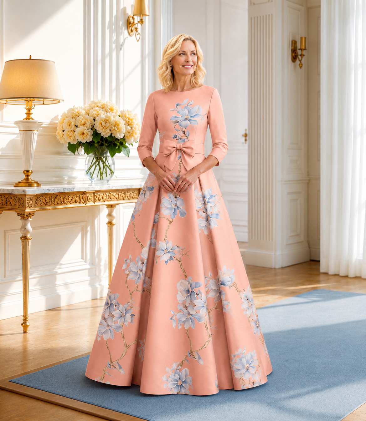 Style AA-108 Calabro Dress – Coral Floral Print with Sculpted Full Skirt