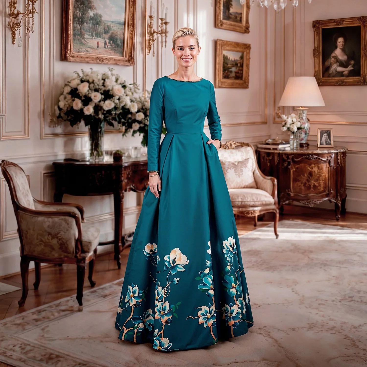 wildflower formal dress Style AA-121 Teal Full Length Sleeve Dupré in Wonder Silk Wool — Gramercy Atelier power-line