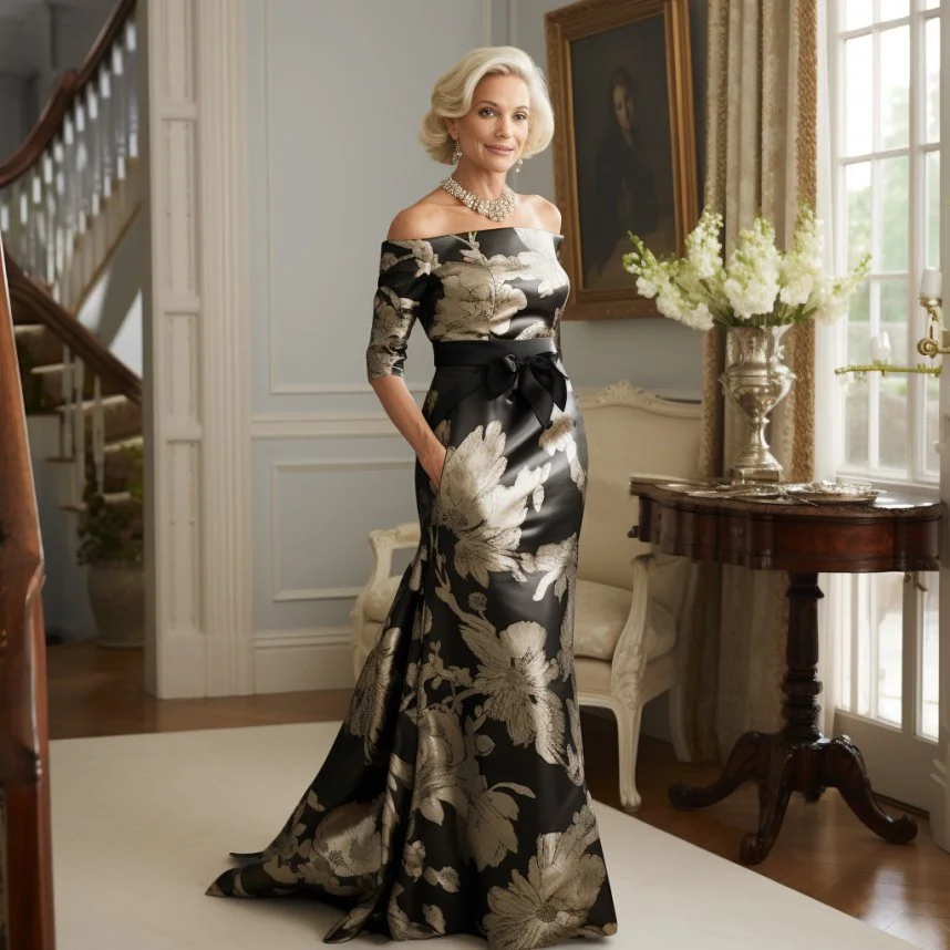 Dazzling Petals Off-the-Shoulder Trumpet Gown in Black & Gold | Style AA-113 Calabro Collection Gramercy Atelier Dazzling Petals Off-the-Shoulder Trumpet Gown in Black & Gold | Style AA-113 Calabro Collection Gramercy Atelier