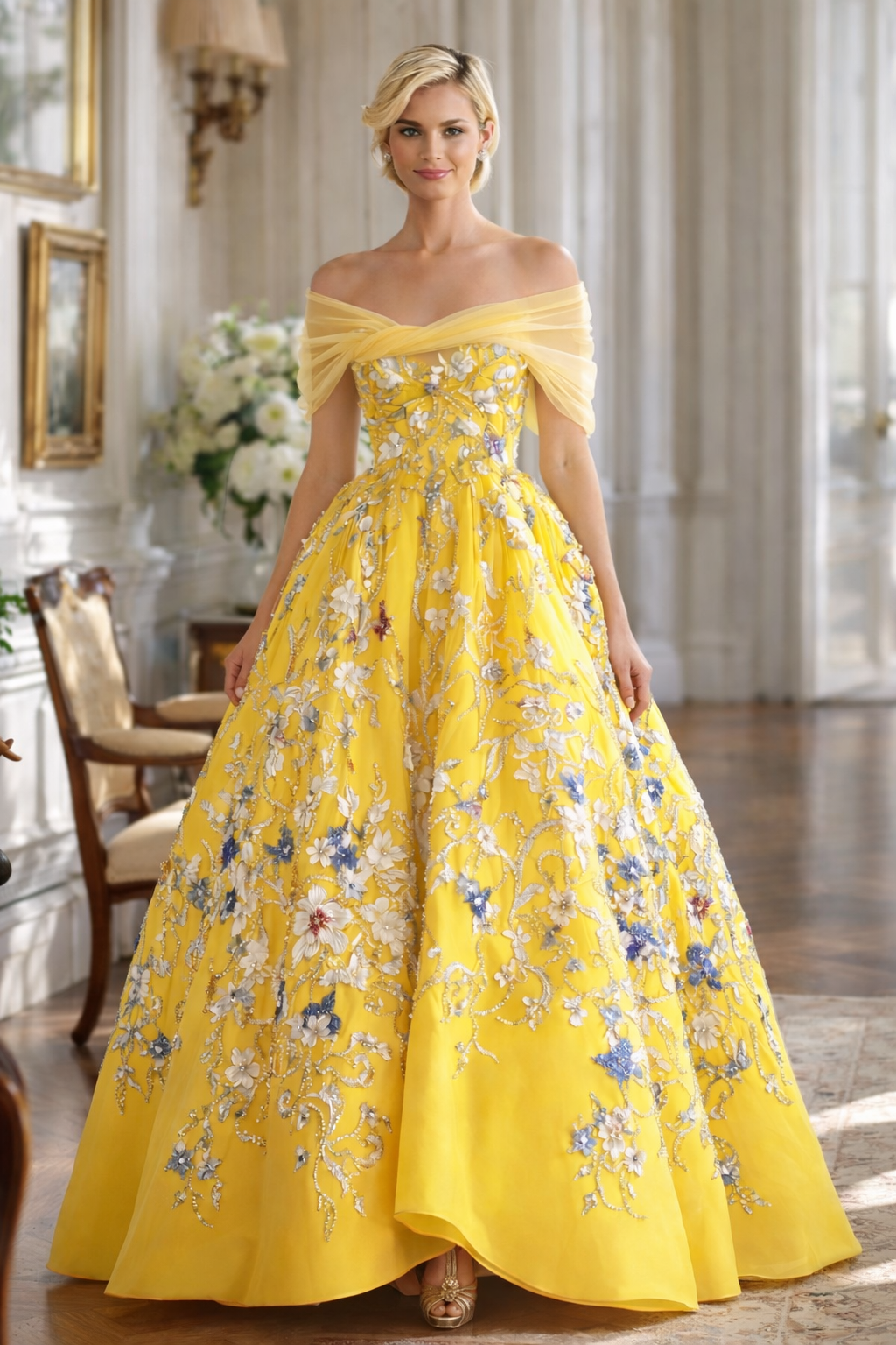 Yellow embroidered spring mother of the bride gown with floral detailing