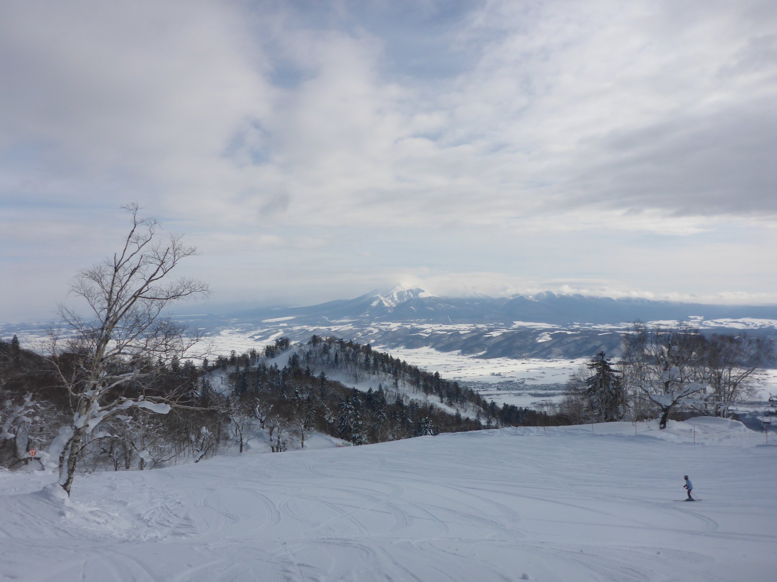 Snowy mountain landscape with ski slopes, trees covered in snow, and a distant view of mountain peaks under a cloudy sky. A skier is visible on the right side, moving down the slope.