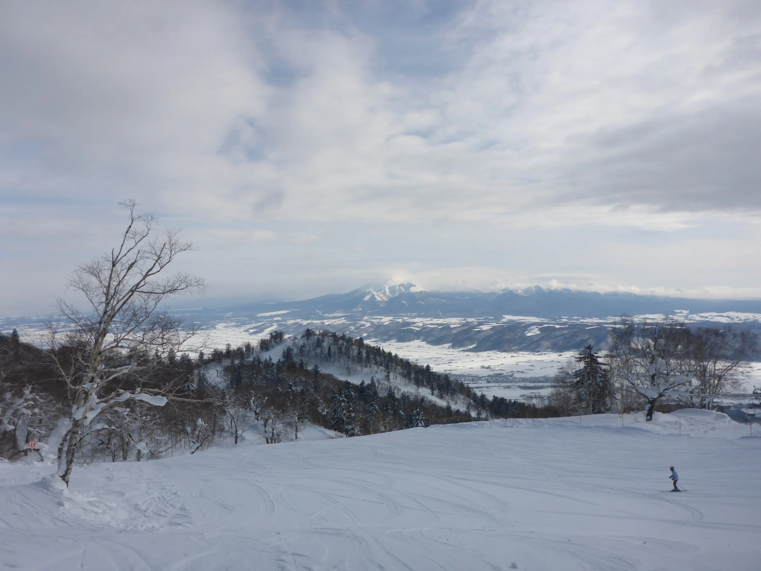 Snowy landscape with distant mountains, trees, and a skier on a slope under a cloudy sky In Hokkaido Japan.