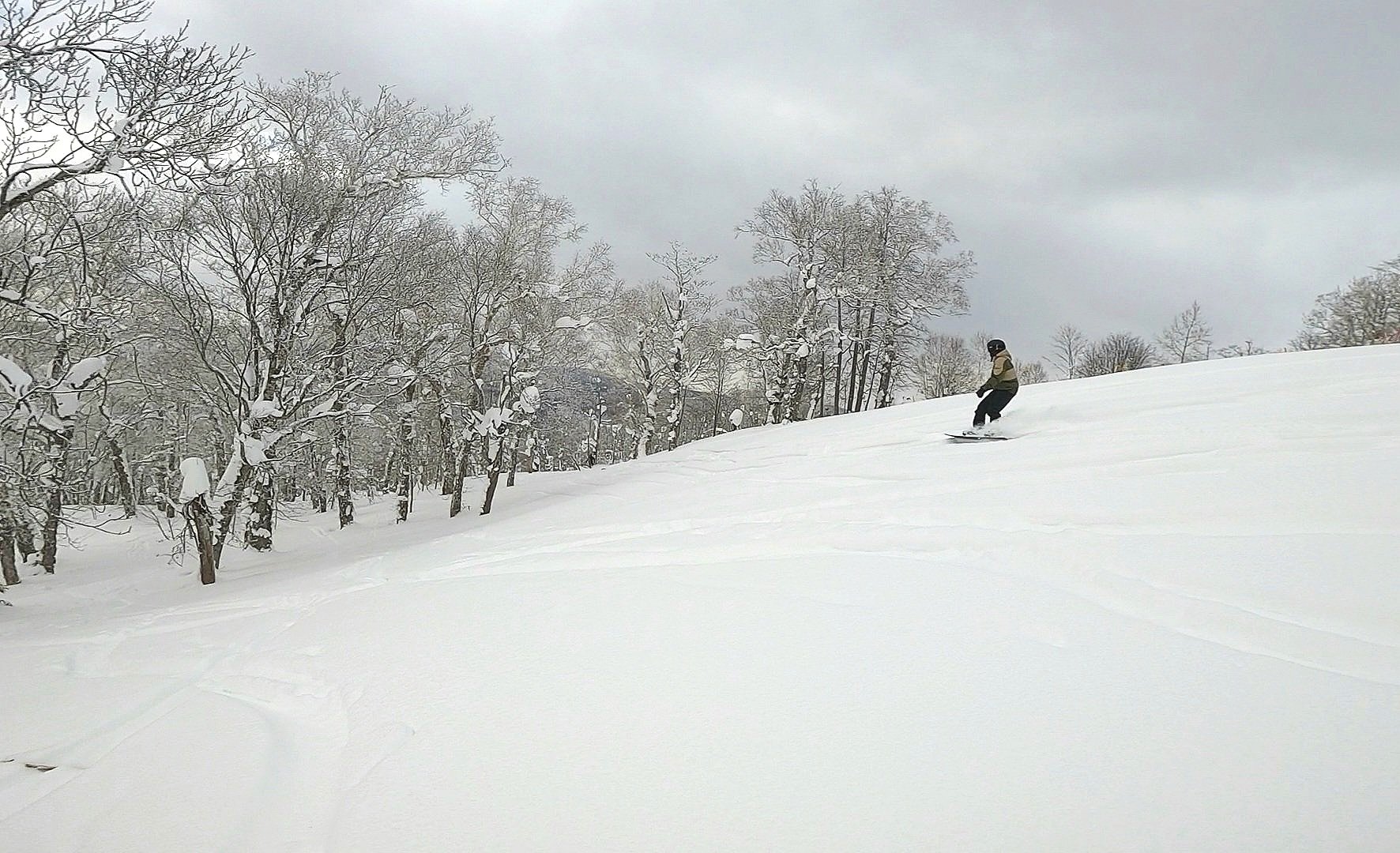 A person snowboarding down a snowy slope surrounded by trees.