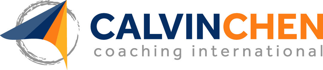 Logo for Calvin Chen Coaching International featuring a blue and orange abstract graphic next to the text "CALVIN CHEN coaching international."