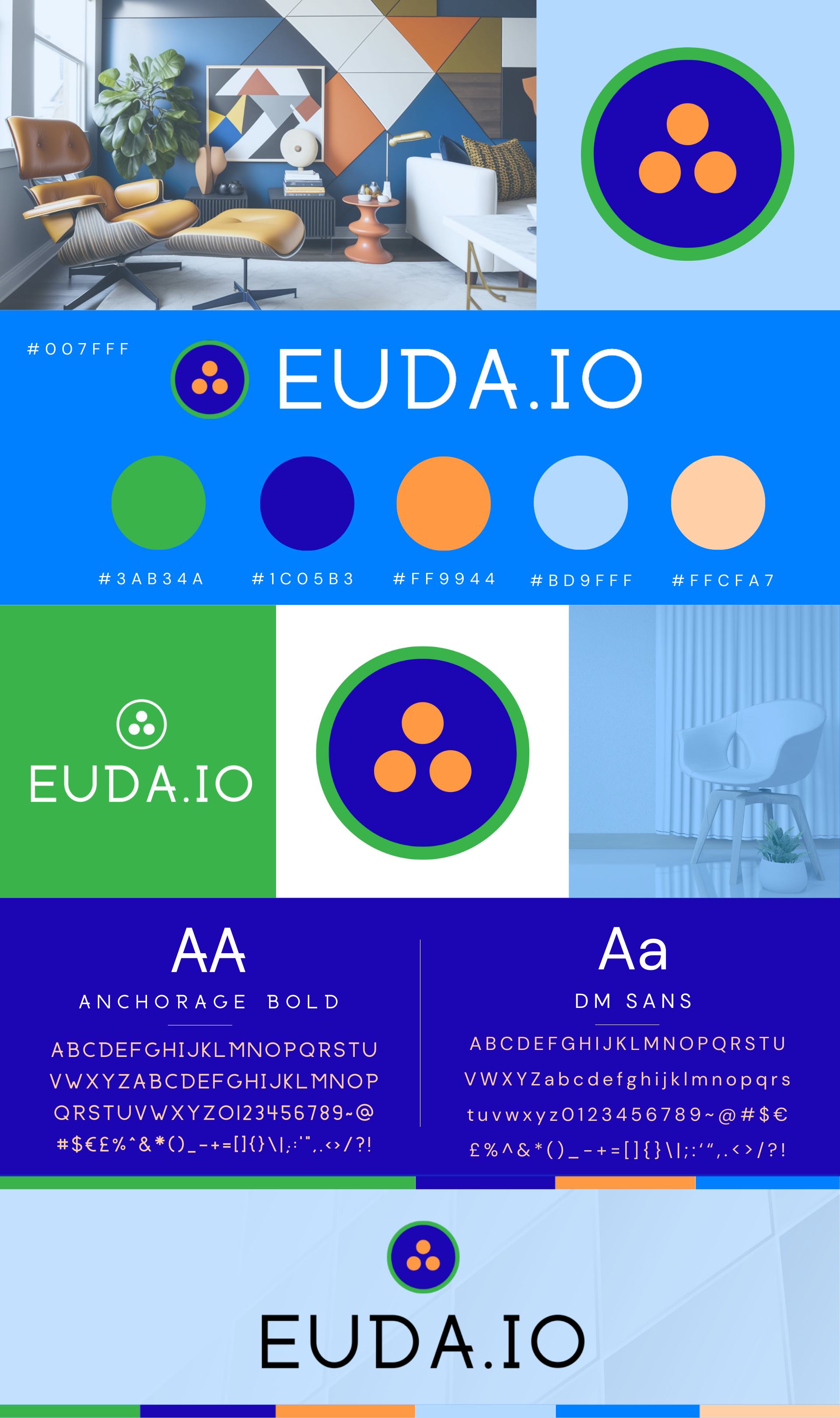 Visual identity design for EUDA.IO featuring color palette, logo, and typography. Includes a modern interior design scene and descriptions of Anchorage Bold and DM Sans font styles.