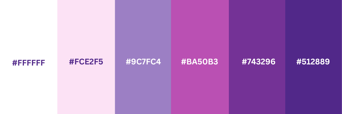 Color palette featuring six vertical stripes with hex codes: white (#FFFFFF), light pink (#FCE2F5), lavender (#9C7FC4), pink (#BA50B3), purple (#743296), and dark purple (#512889).