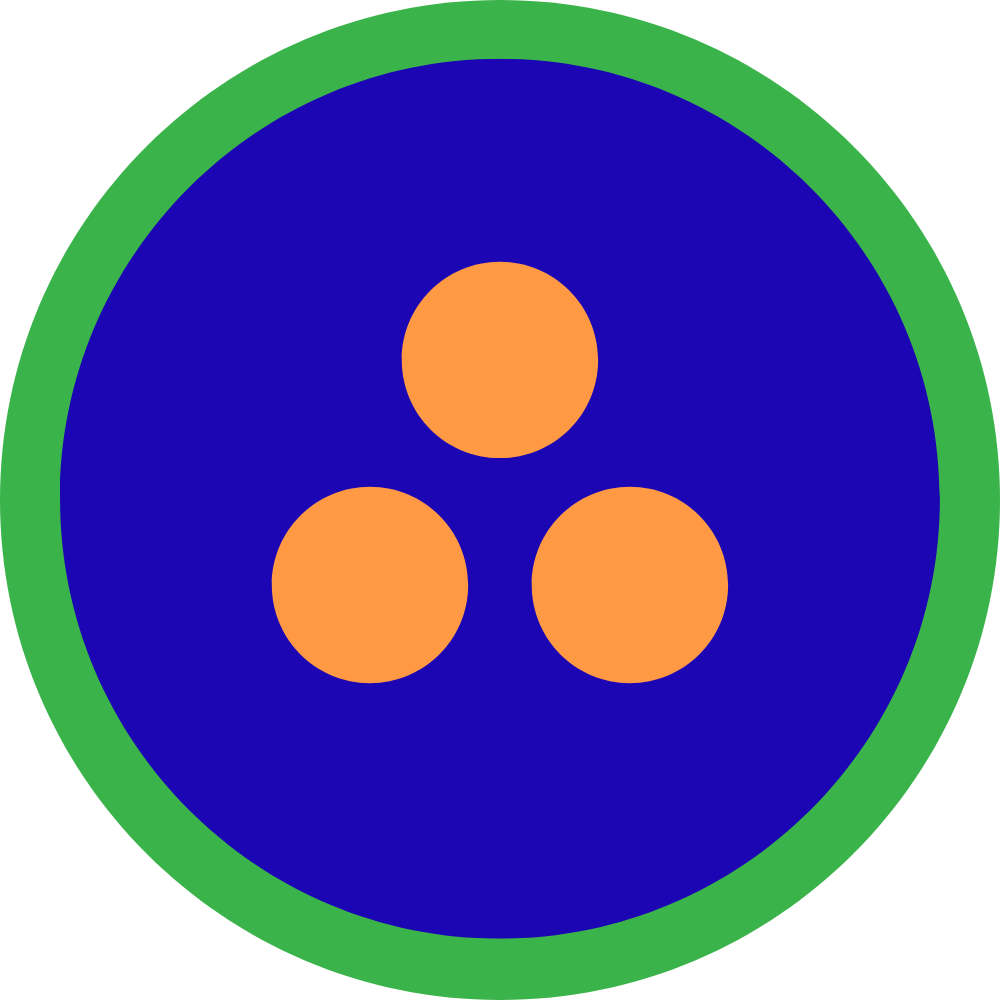 Logo featuring a blue circle with a green border and three orange circles inside.