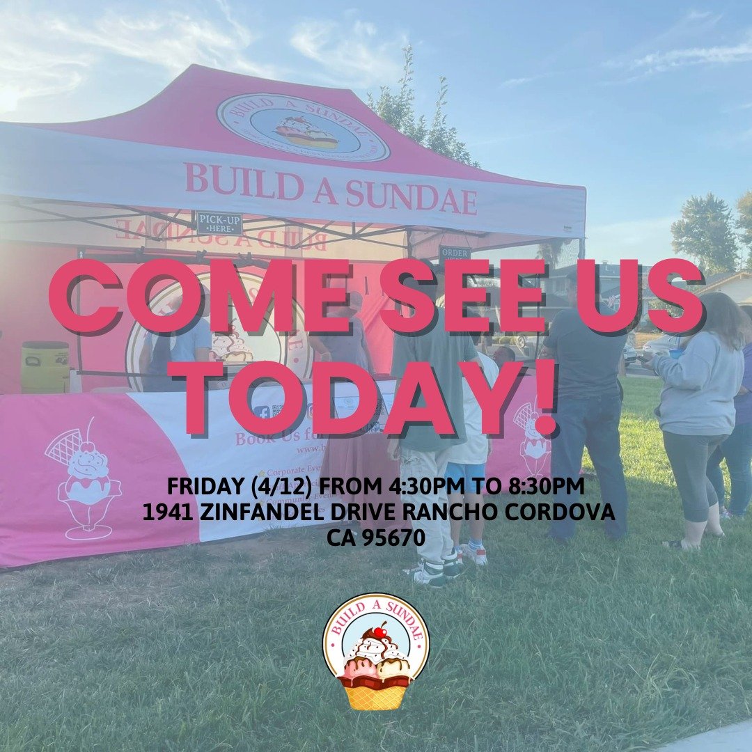 Visit us at our pop-up TODAY! 🍨✨ We'll be at 1941 Zinfandel Drive, Rancho Cordova, CA 95670  from 4:30pm to 8:30pm. Come get some ice cream!

#BASundae #BuildaSundae #IceCream #IceCreamPopUp #BestSundaesinTown #RanchoCordova #RanchoCordovaEats #IceC