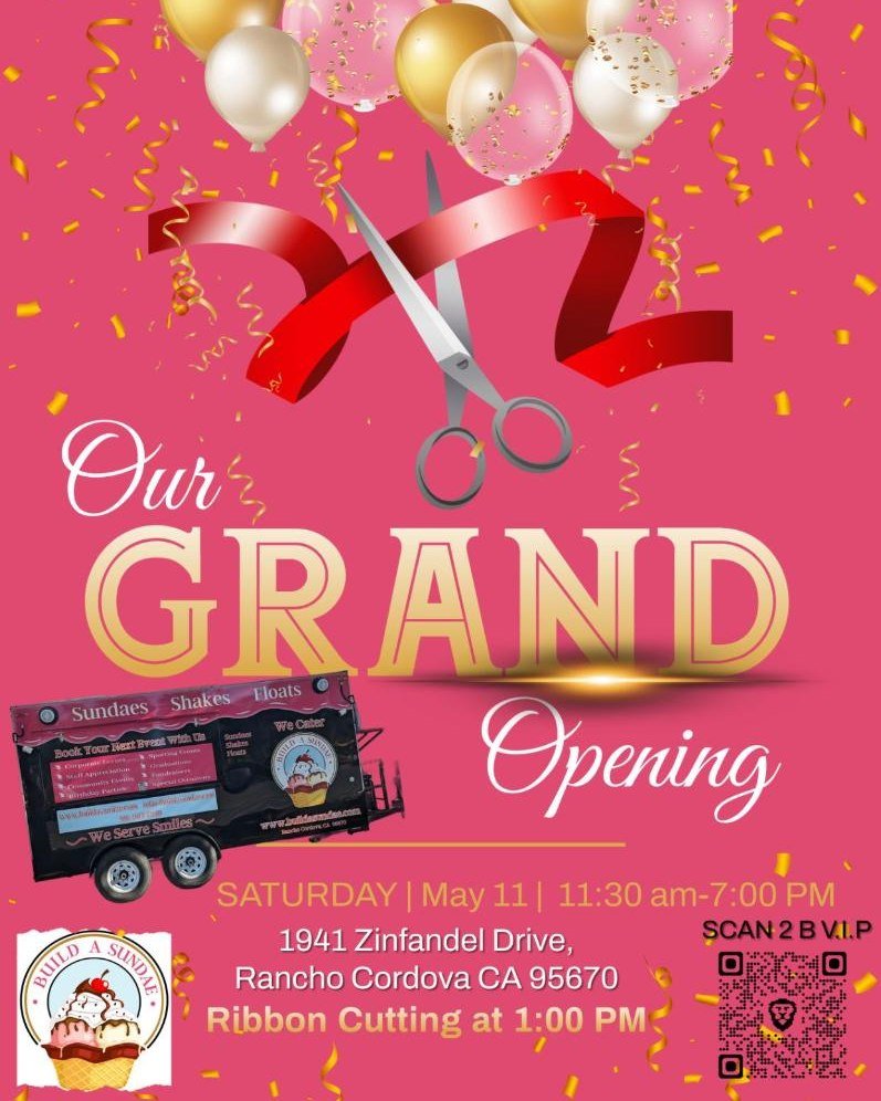 🎈🍨 Tomorrow is the day! Don't miss the grand opening of Build a Sundae! Join us from 11:30 am to 7:00 pm at 19441 Zinfandel Drive, Rancho Cordova, CA. Celebrate with us, enjoy delicious sundaes, shakes, and floats, and help us cut the ribbon at 1:0