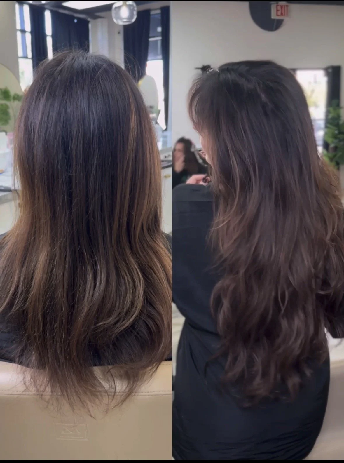 Side-by-side comparison of a woman's hair before and after a salon treatment, showing a change in hair color and style.