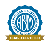 Logo of the American Board of Internal Medicine (ABIM) with a blue circular emblem and a gold banner saying 'Board Certified'.