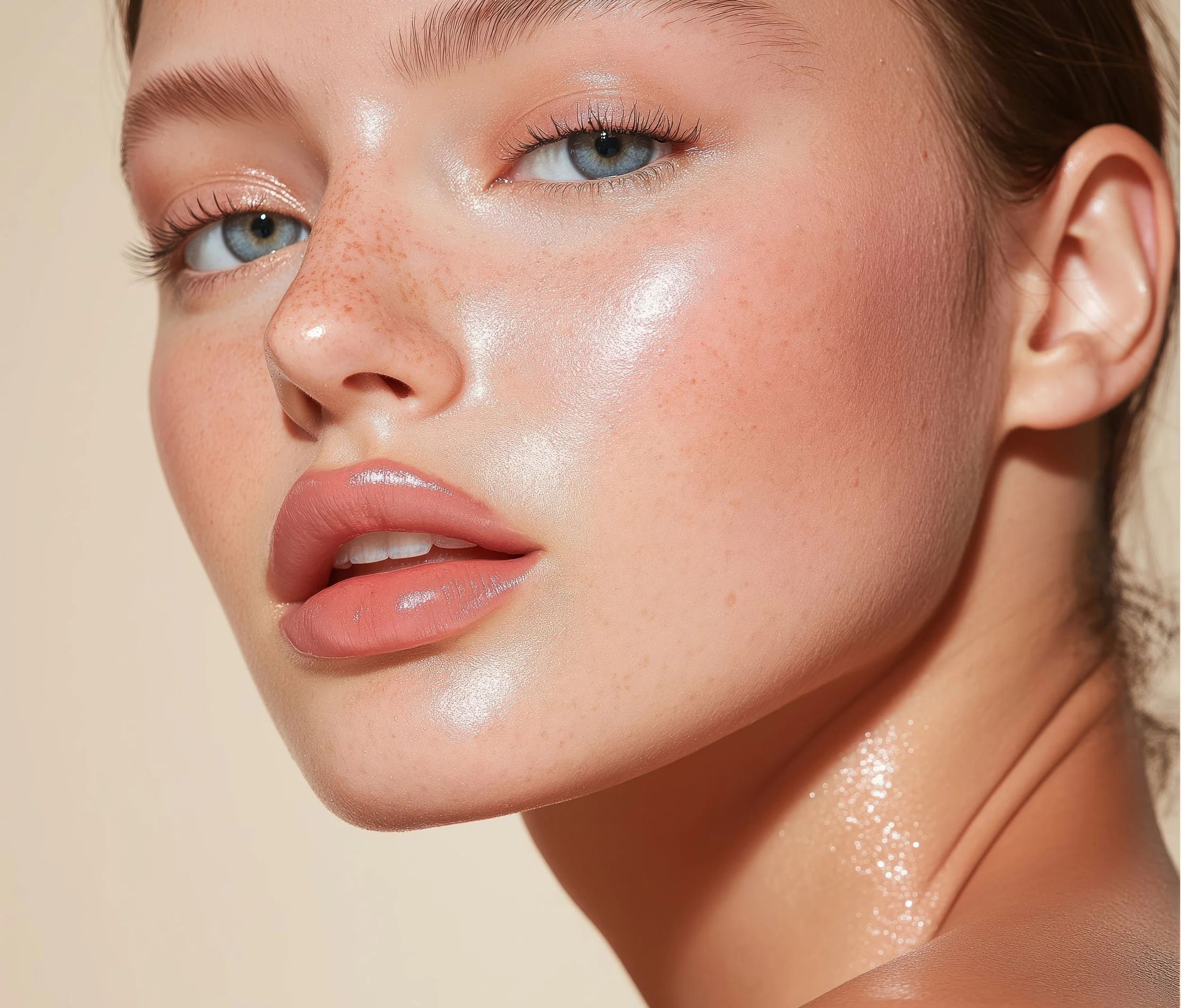 Close-up of a woman with clear skin, light makeup, and blue eyes, showing her face and neck with a neutral background.