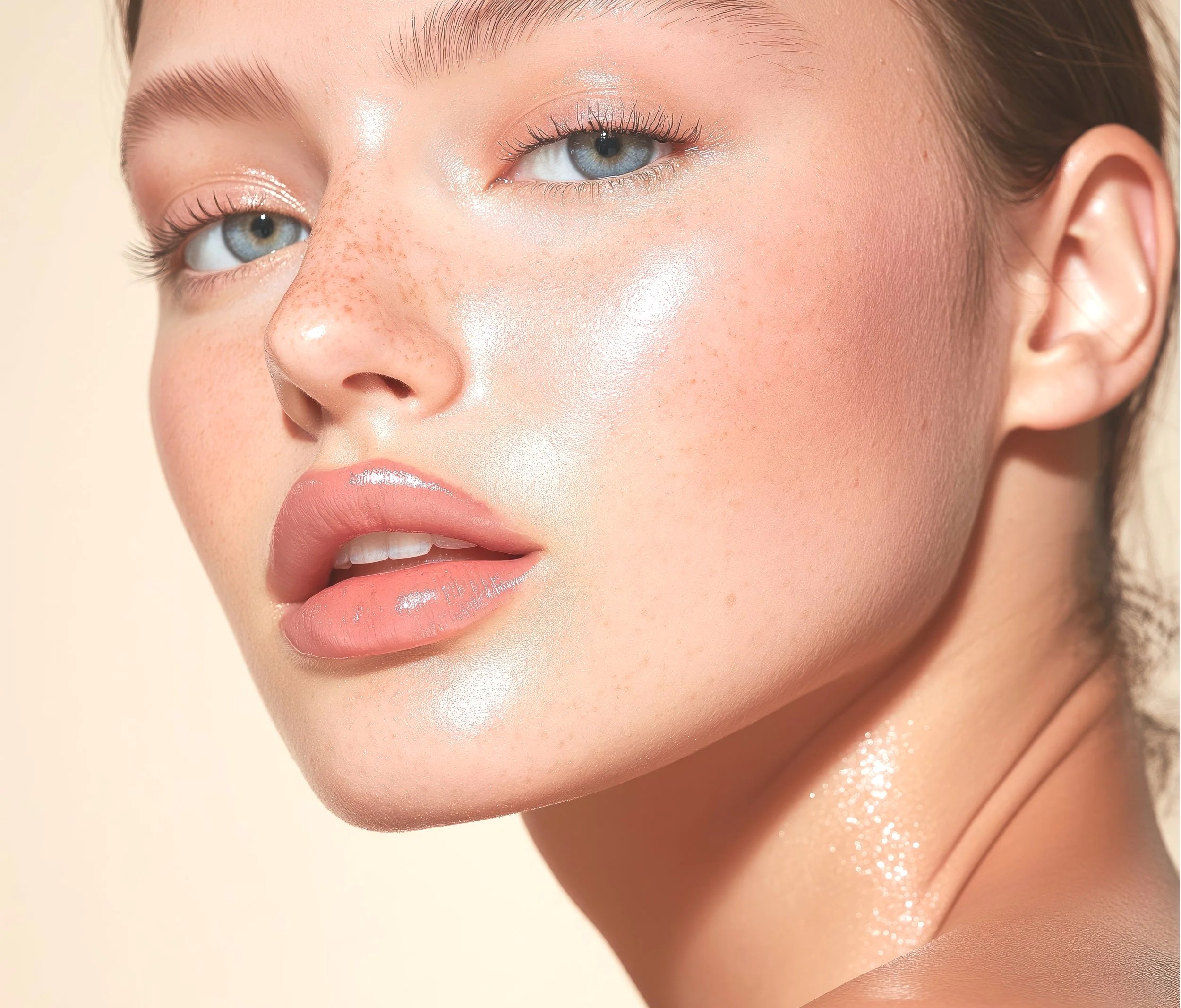 Close-up of a woman's face with smooth, glowing skin, blue eyes, and light makeup.