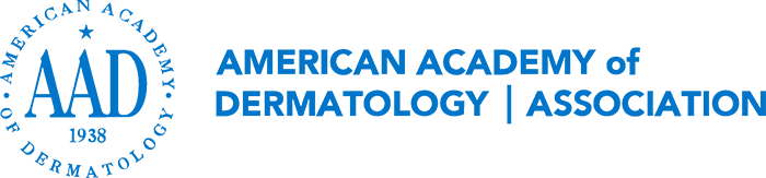 Logo of the American Academy of Dermatology, established in 1938, featuring a blue circular emblem with a star and the acronym AAD, alongside the organization's name in bold blue text.