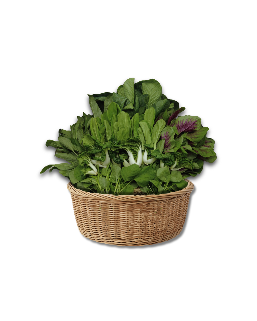 A wicker basket filled with assorted fresh leafy Asian greens, including Xiao Bai Cai and mixed green leaves, arranged upright