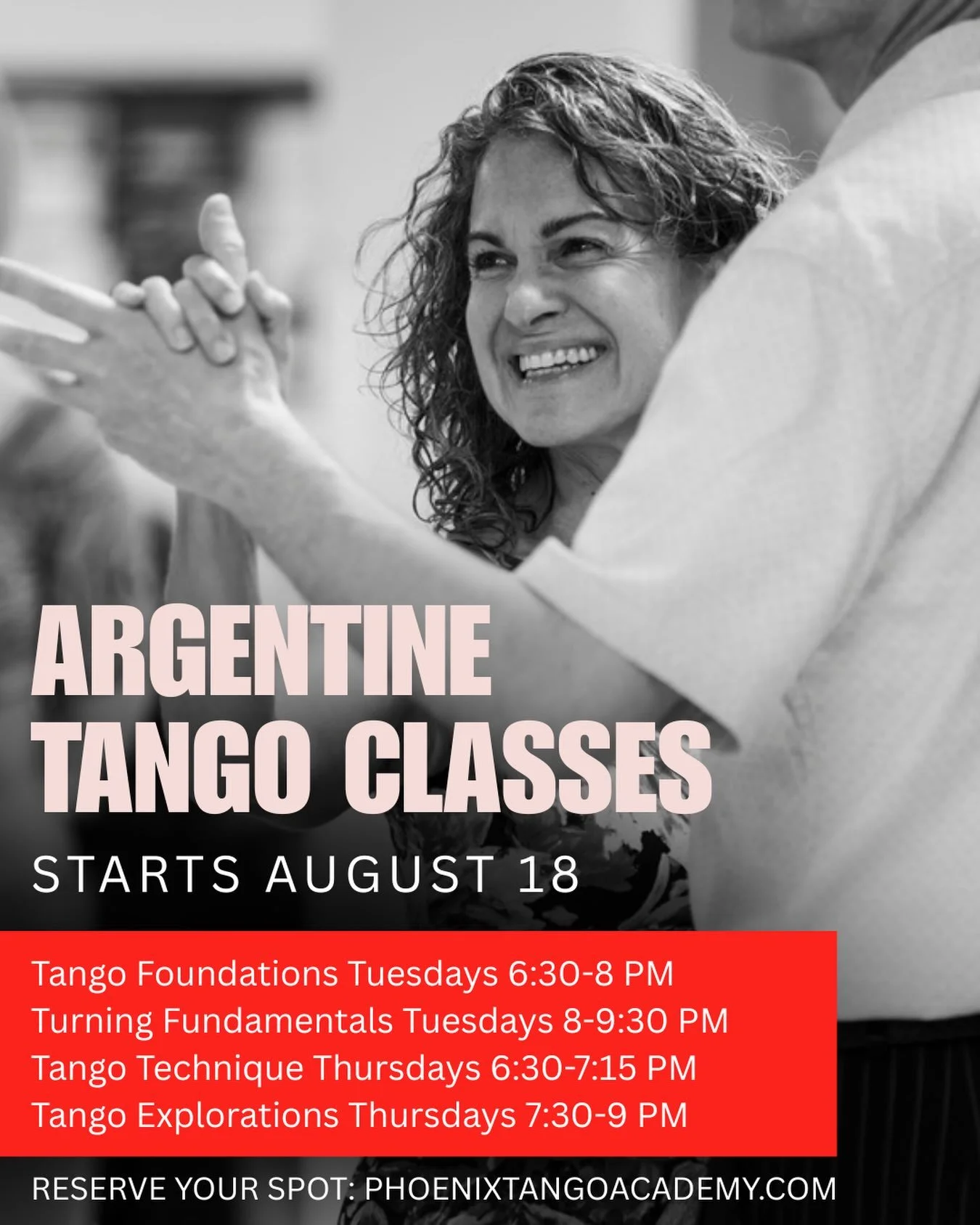 From your first tango step to your hundredth, there&rsquo;s a class waiting for you.

Argentine Tango is more than learning to dance. It&rsquo;s an opportunity to challenge yourself, connect with others, and become part of a welcoming community.

🖤 