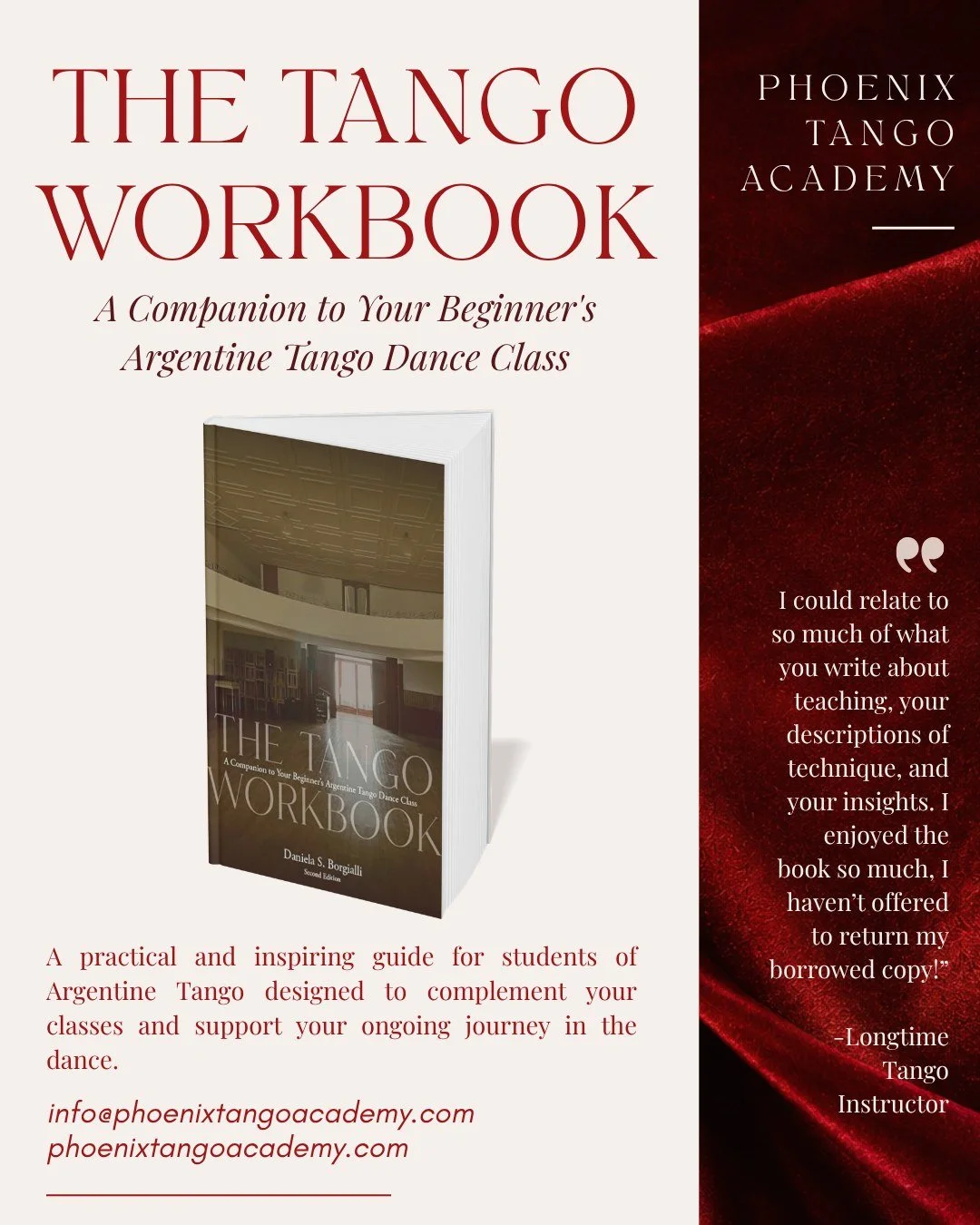 Your tango learning doesn&rsquo;t have to stop when class ends. 📖

The Tango Workbook by Daniela S. Borgialli was created as a companion to your study of Argentine Tango, giving dancers a resource they can return to as their understanding of the dan