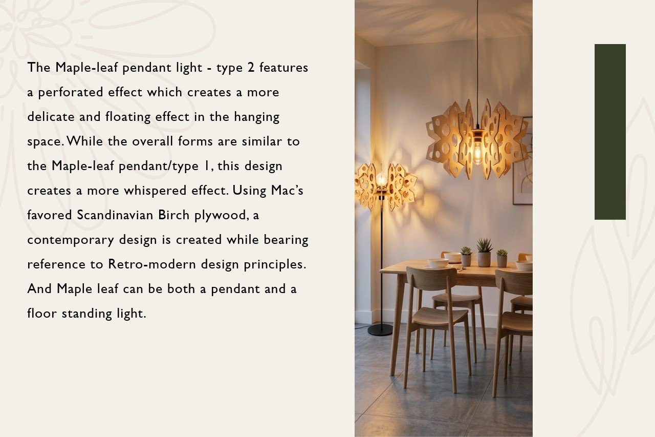 Two pendant lights with maple-leaf shaped wooden shades hanging above a dining table set with four small potted plants, bowls, and glasses.