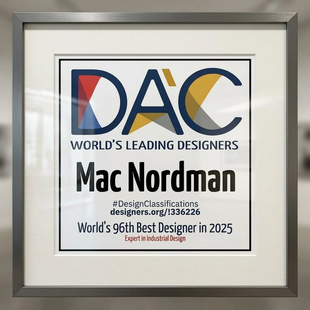A framed award certificate recognizing Mac Nordman as the world's 96th best designer in 2025, specializing in industrial design, presented by DAC.
