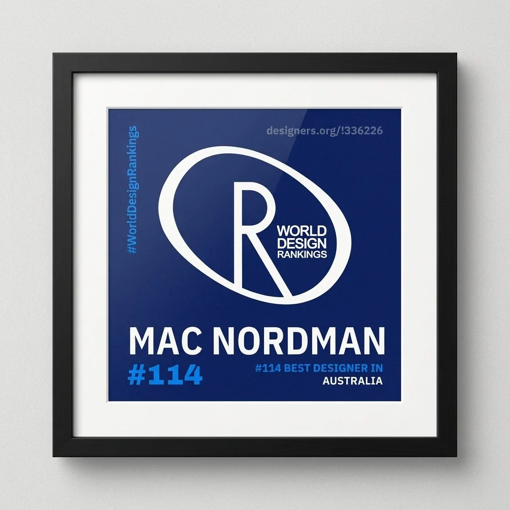 Framed digital graphic displaying Mac Nordman ranked #114 as best designer in Australia on World Design Rankings.