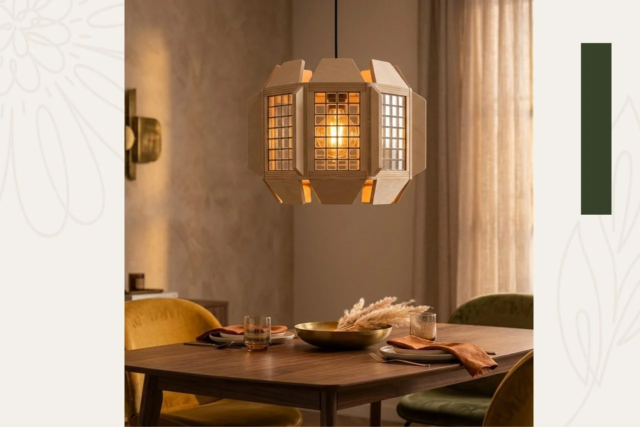 A wooden dining room table set with plates, glasses, and napkins, under a geometric pendant light fixture, with curtains and wall decor in the background.
