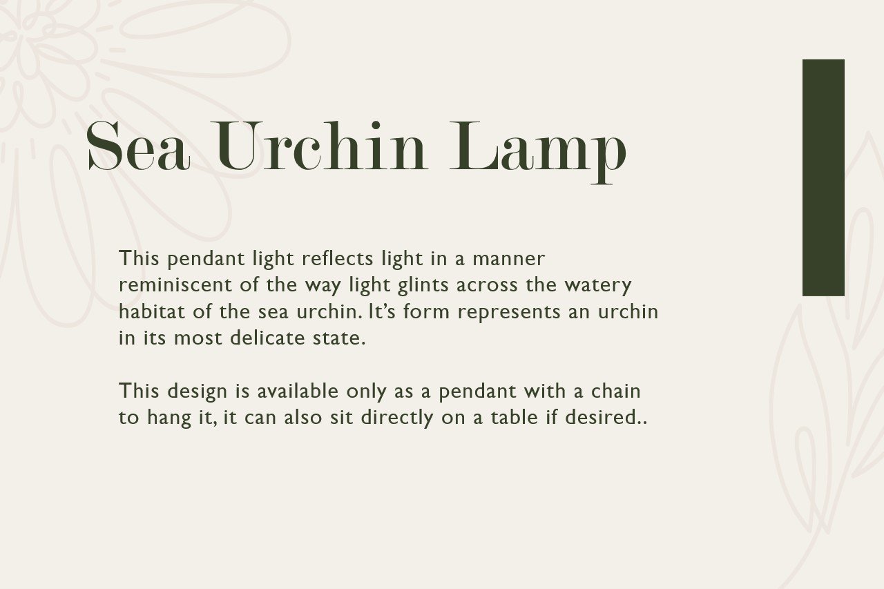 Product display for Sea Urchin Lamp, a pendant light designed to reflect light like the way light glints across a sea urchin, available as a pendant with a chain or as a table sit