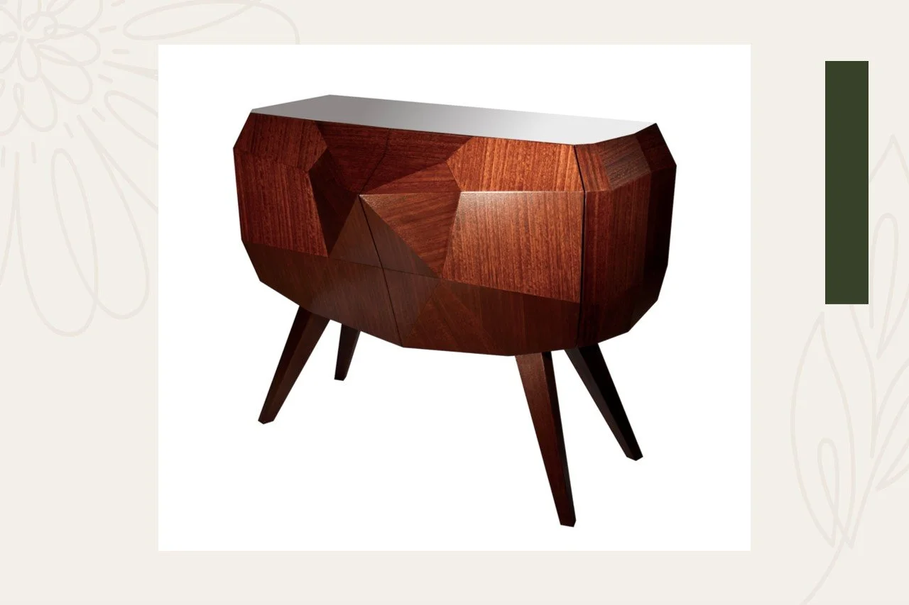 A wooden mid-century modern nightstand with a polygonal shape and four angled legs.