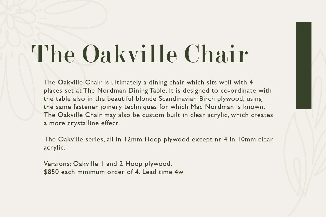 Text description of the oakville chair and its features, made of Scandinavian Birch plywood, designed to coordinate with the Nordman Dining Table, with pricing and version options.