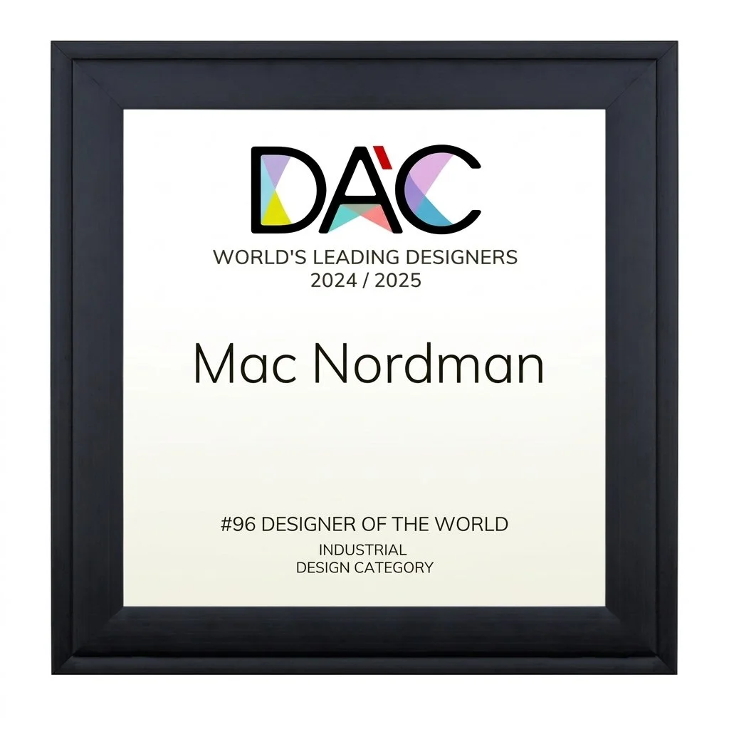 Framed award certificate for Mac Nordman from DAC, recognizing as the world's leading designer for 2024/2025 and #96 designer of the world in the industrial design category.