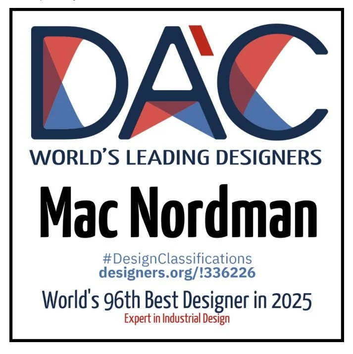 Certificate featuring the logo 'DAC' with a tagline 'World's Leading Designers,' awarding Mac Nordman as the 96th best designer in 2025, recognized as an expert in industrial design.