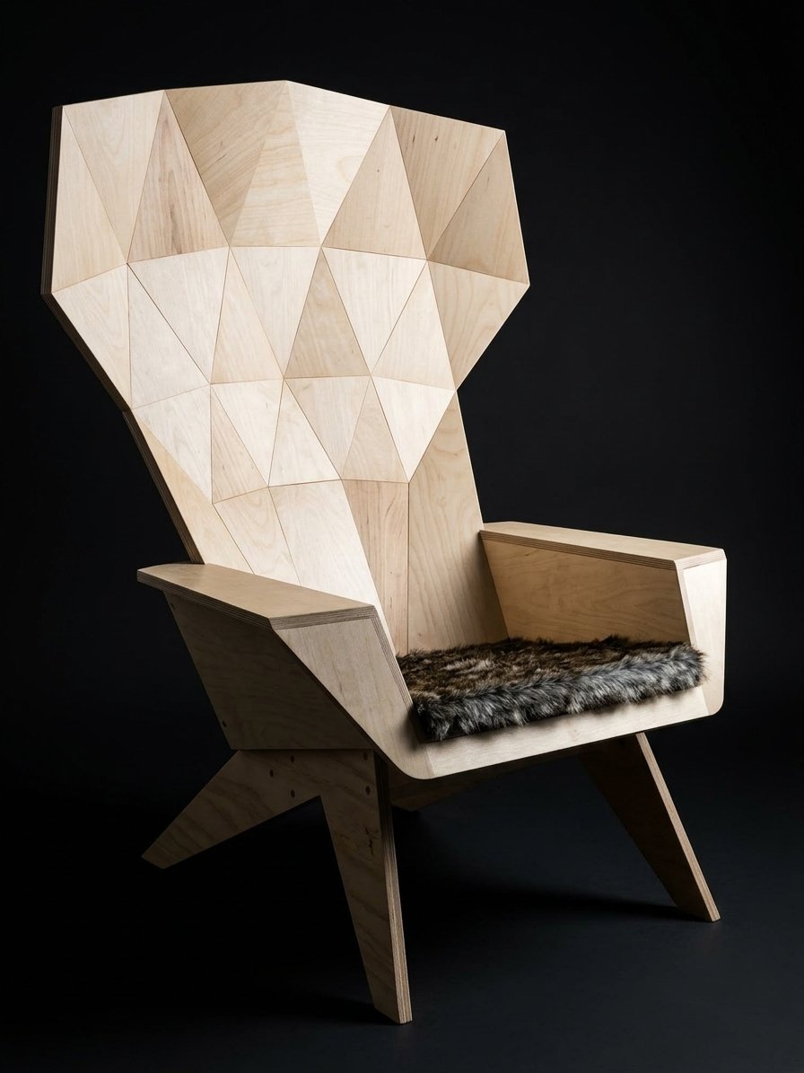 A wooden chair with a high backrest made of geometric wooden panels, featuring a black and gray fur cushion on the seat, set against a black background.