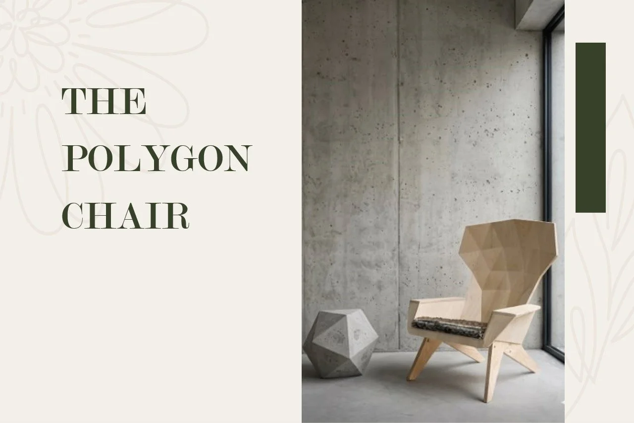 A modern geometric wooden chair called the polygon chair, positioned near a concrete wall by a large window, with a concrete dodecahedron sculpture nearby.
