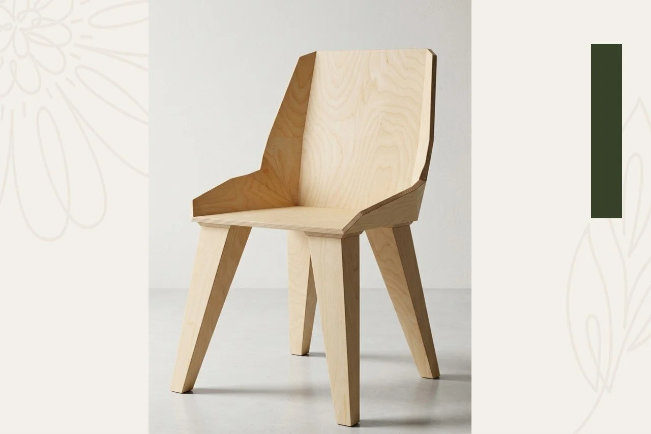 A modern wooden chair with a natural finish and angular design, set against a plain background.