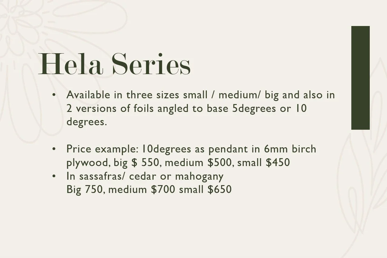Information about the Hela Series, including sizes, foil types, angles, and pricing options for different wood types and sizes.