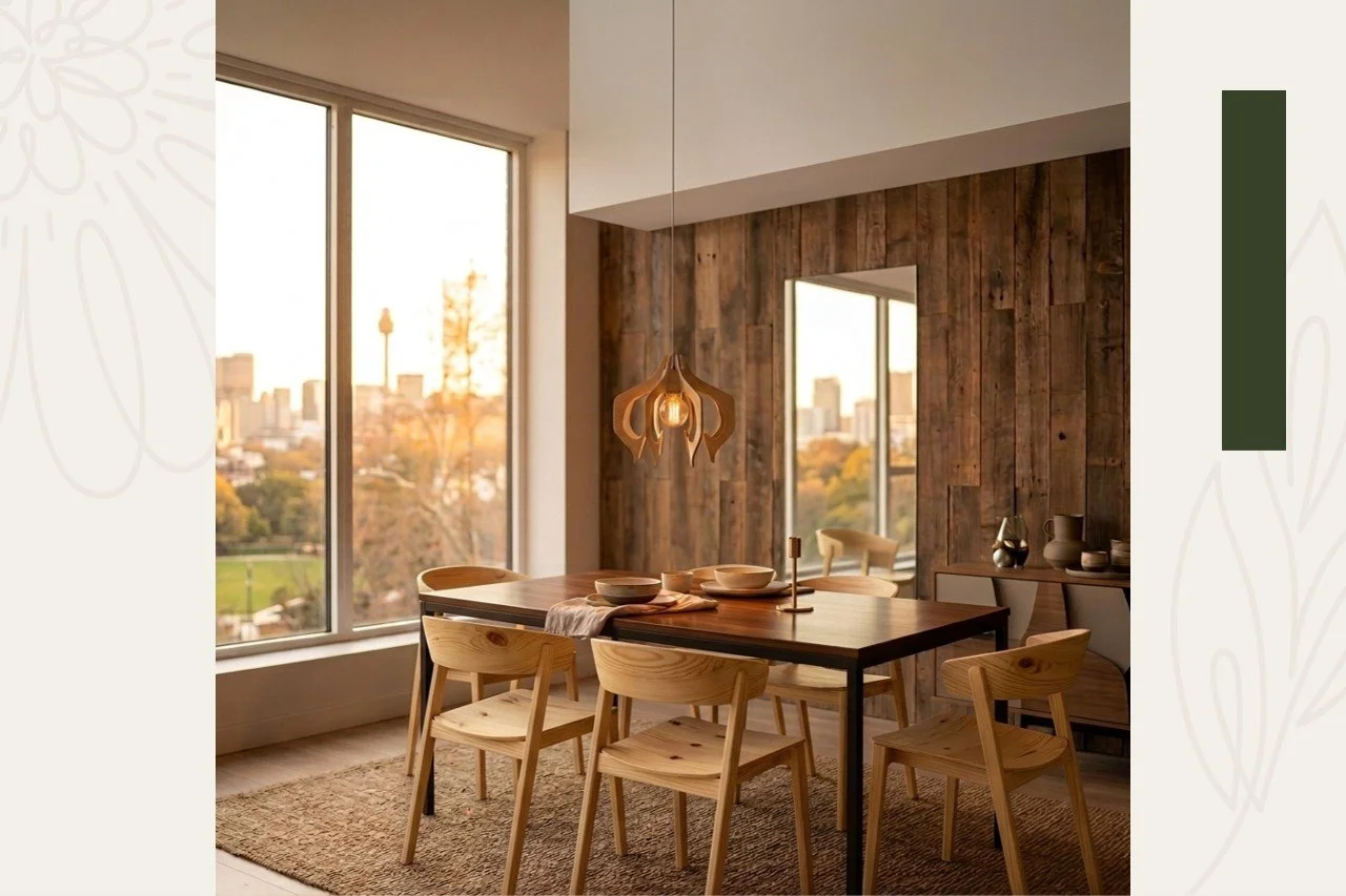 Dining room with wooden table, four wooden chairs, decorative vases on sideboard, pendant light, large windows showing city skyline at sunset, and wooden accent wall.