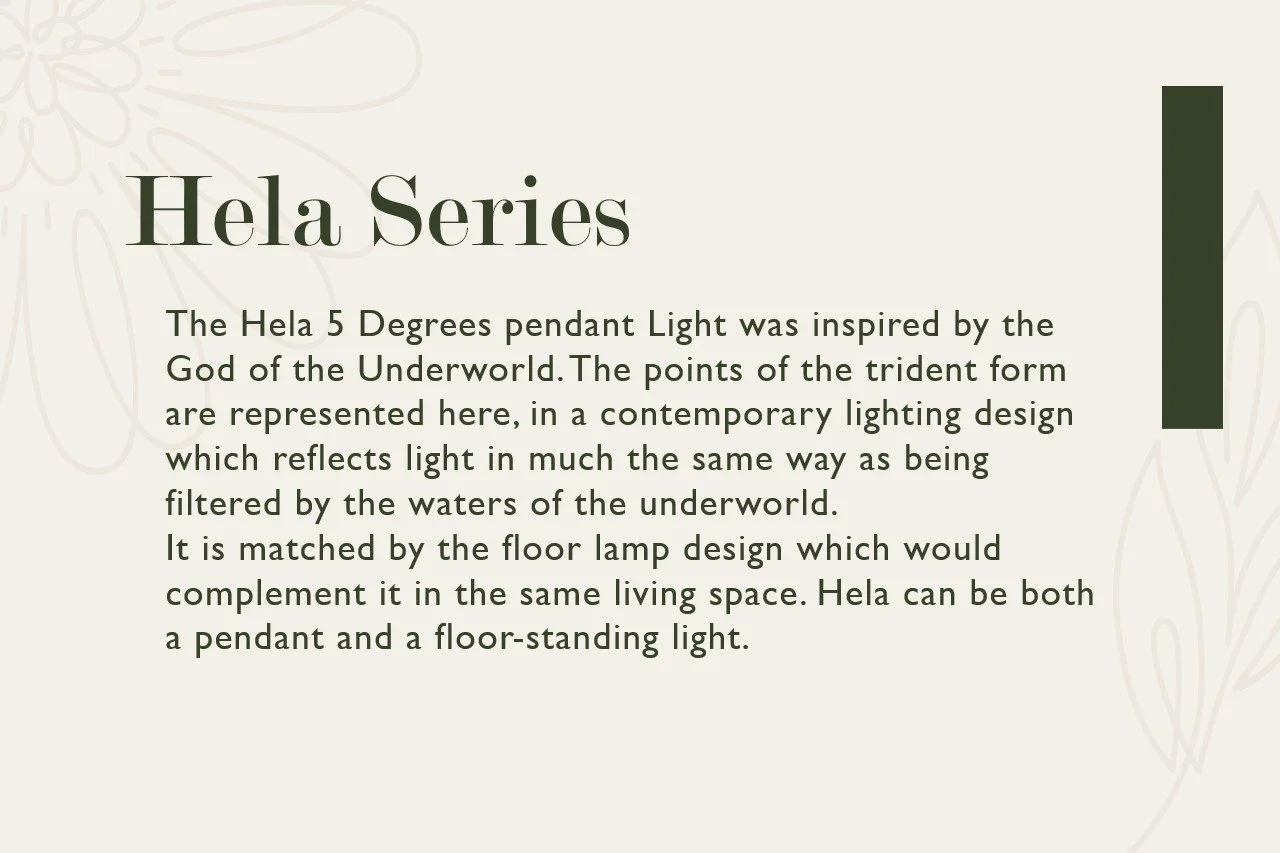 Information panel about Hela Series lighting design, inspired by the God of the Underworld, featuring a pendant 5 degrees pendant light and a floor-lamp design.