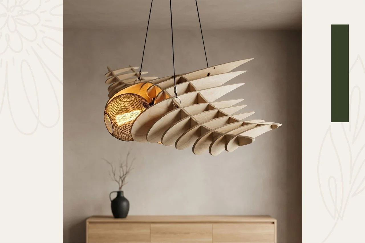 Modern chandelier with wooden slats and a spherical light fixture hanging from the ceiling in a minimalistic room with a black vase on a wooden sideboard in the background.