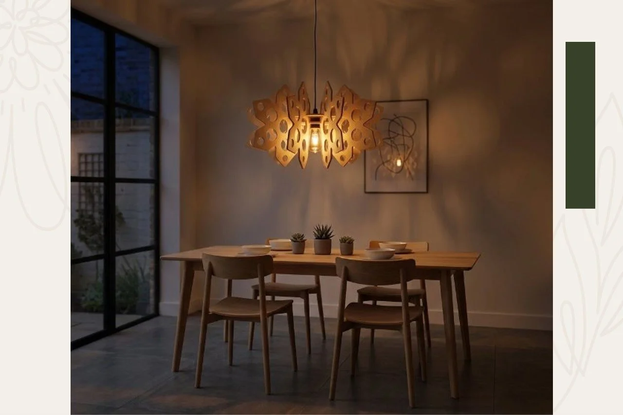 A cozy dining room with a wooden table, four chairs, three small potted succulents, and a modern, artistic pendant light overhead. There is a large window on the left side and a framed abstract artwork on the wall.