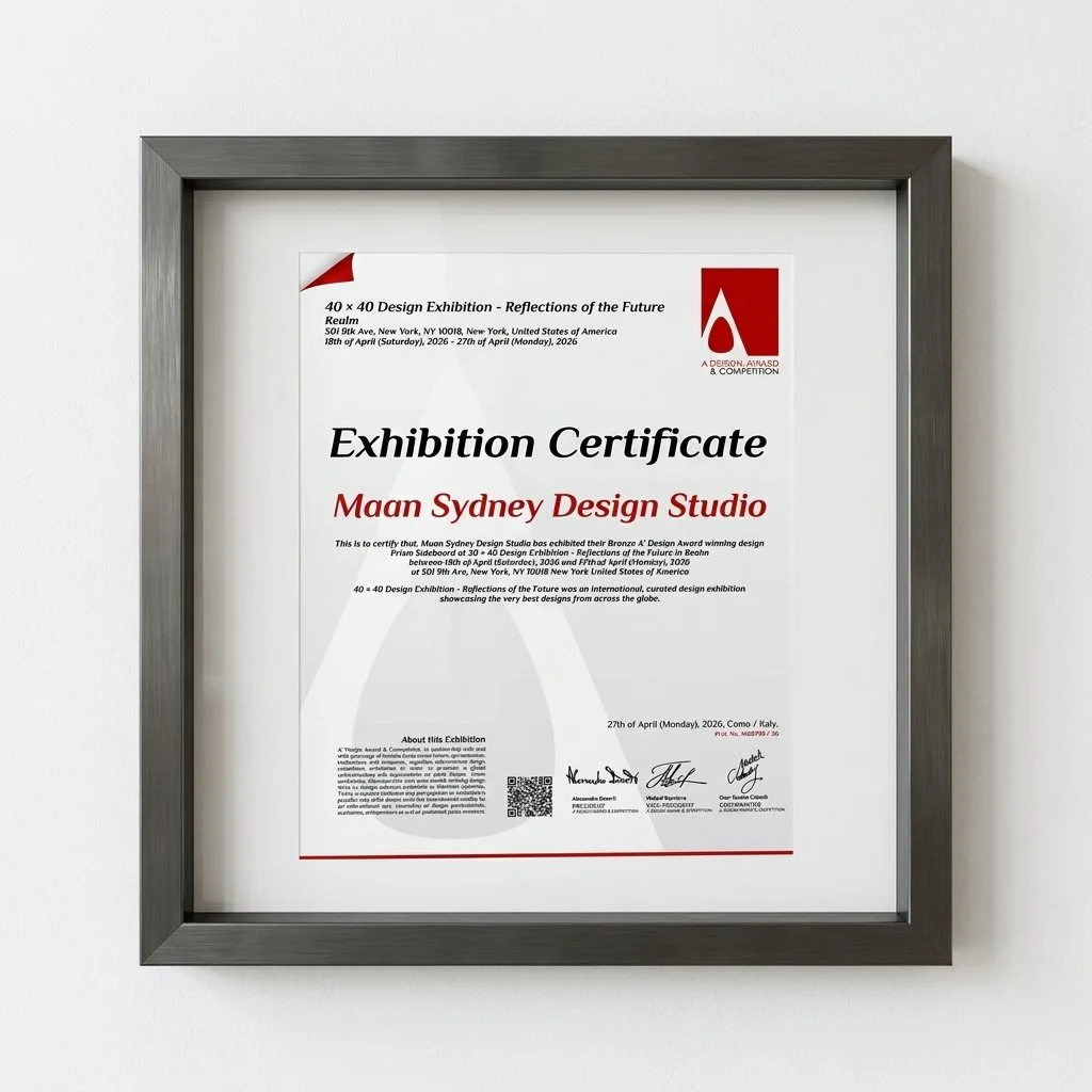 Framed exhibition certificate for Magn Sydney Design Studio at the 40 x 40 Design Exhibition in New York, 2026.