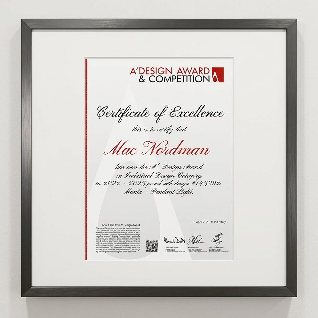 Framed certificate of excellence awarded to Mac Nordman for industrial design in the A' Design Award & Competition, dated April 15, 2023, from Milan, Italy.