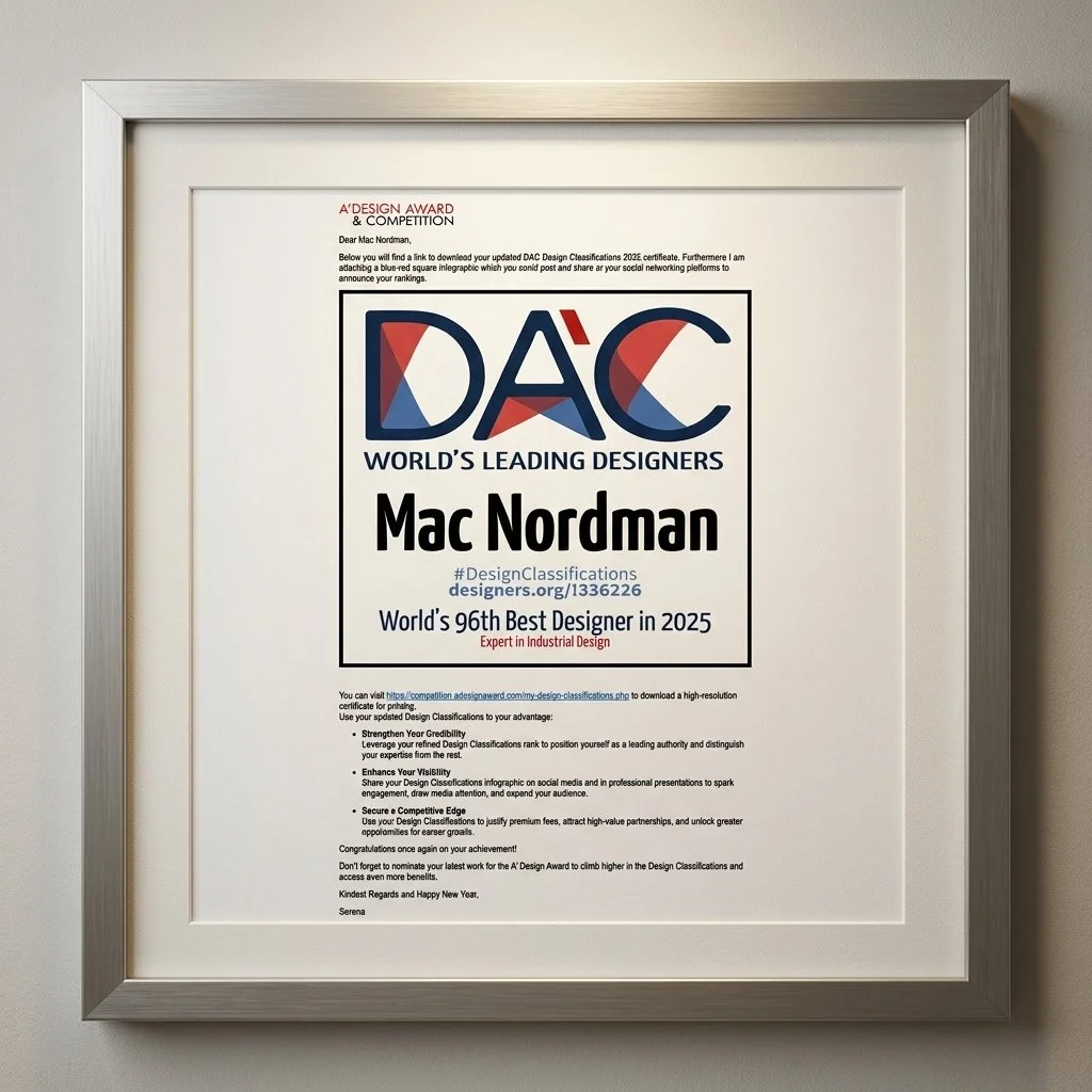 Certificate of design award presented to Mac Nordman for 96th best designer in 2025, framed on a wall.