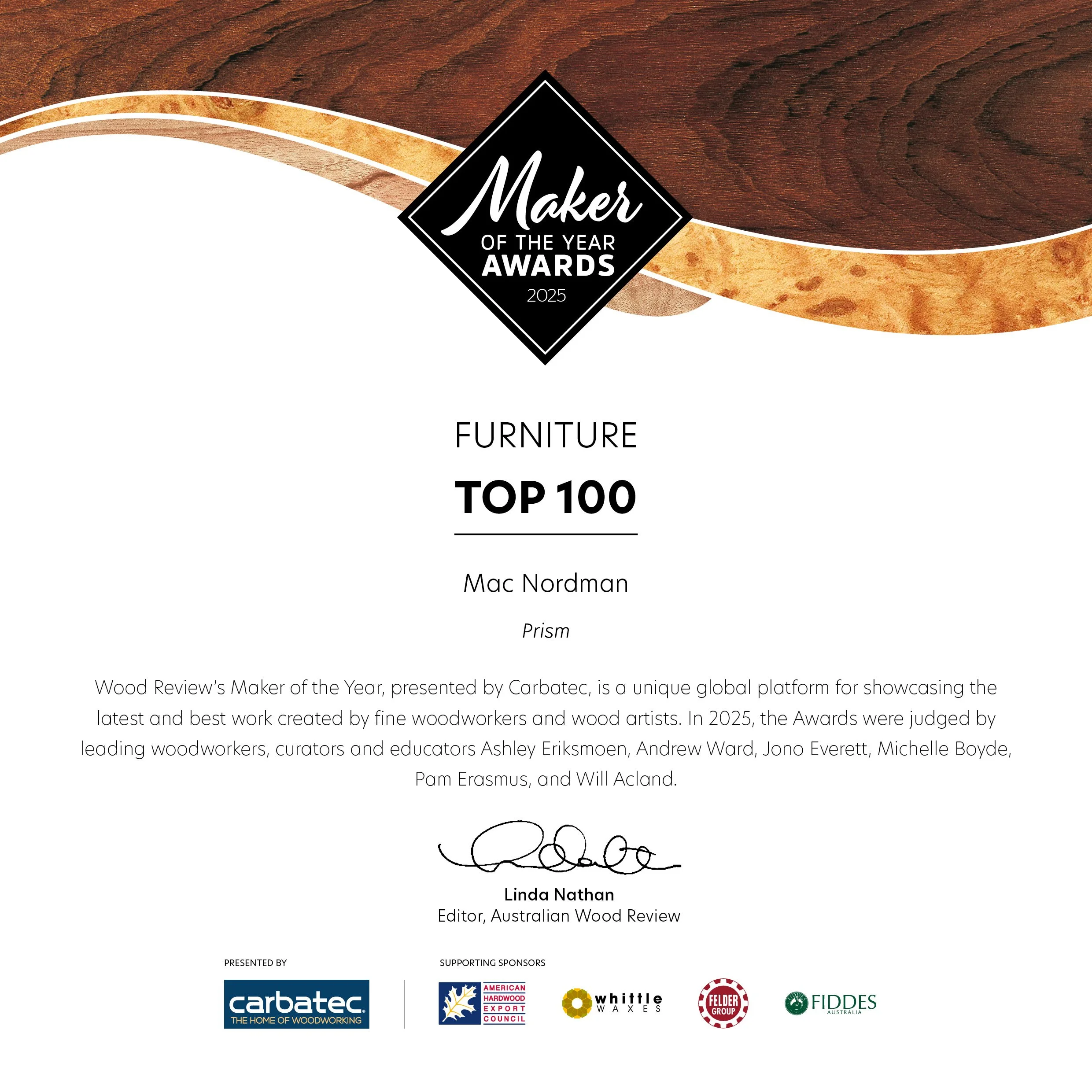 Cover page for the Wood Review's Maker of the Year Awards 2025, featuring a wood grain background, a black diamond-shaped logo with white text, and sections for the top 100 furniture makers and signatures of judges and supporters.