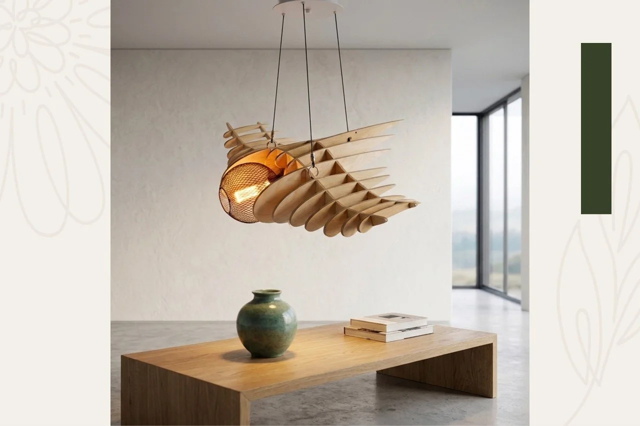 Modern interior featuring a wooden table with a green ceramic vase and books, and a hanging wooden sculptural light fixture with an exposed bulb.