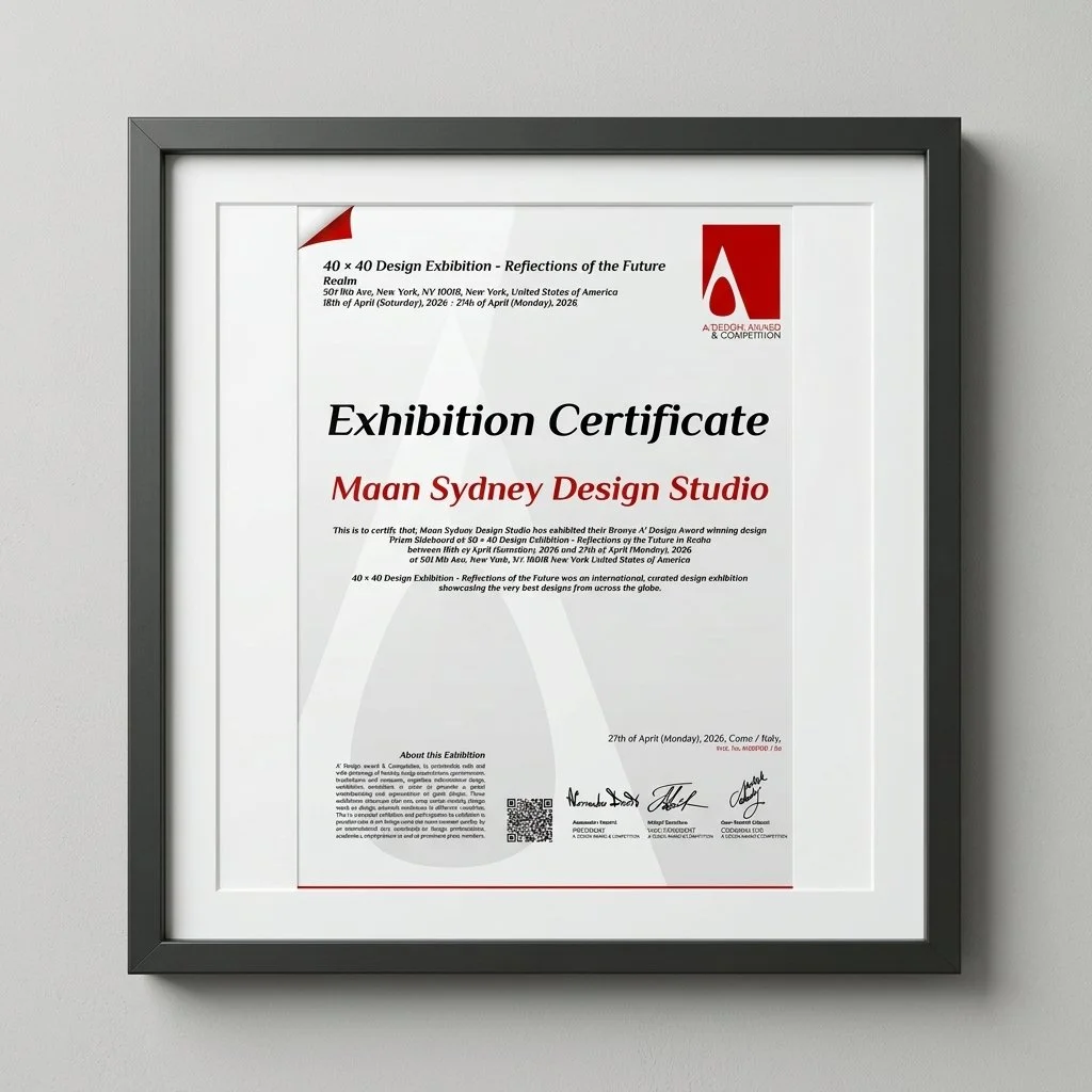 Framed exhibition certificate from Maan Sydney Design Studio, awarded at a 40x40 Design Exhibition. Contains red and black text, signatures, and a QR code.