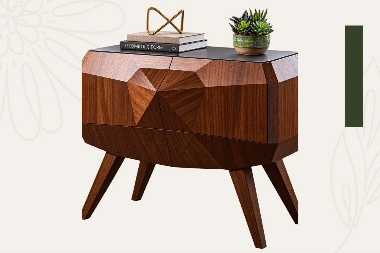 A mid-century modern wooden sideboard with geometric design, decorated with a plant, books, and a gold decorative object on top.