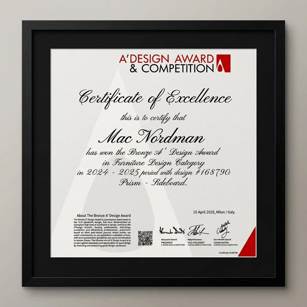 Framed certificate of excellence awarded to Mac Nordman for winning the Bronze A' Design Award in Furniture Design Category, dated April 15, 2025, in Milan, Italy.