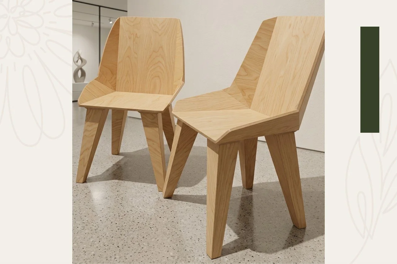 Two wooden chairs with angular designs and four slanted legs, placed on a terrazzo floor against a light-colored wall.